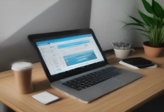 A photorealistic shot of a modern desk setup with a laptop displaying a chat interface, surrounded by smartphone, notepad and coffee, natural light