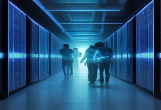 A photorealistic shot of two engineers in a data center studying a large holographic efficiency chart with server racks