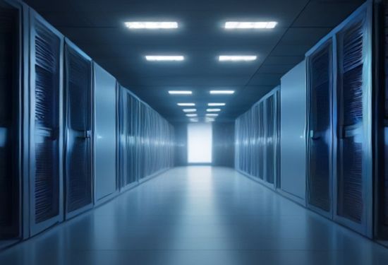 A photorealistic, wide-angle photograph of a modern, sunlit data center interior in the Middle East, with rows of black server racks and subtle blue LED lights, no people, no text.