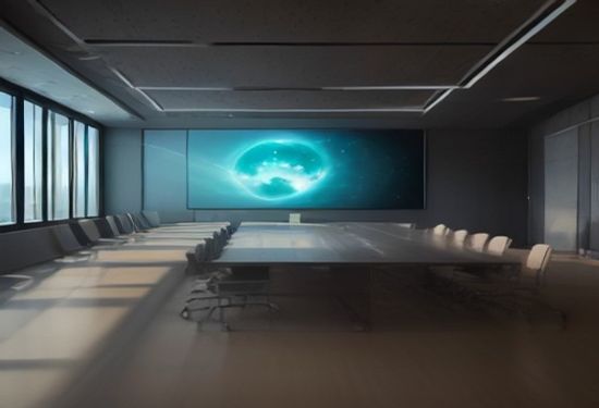 A photorealistic wide shot of a boardroom table with diverse executives and scientists arguing over a glowing, floating holographic sphere