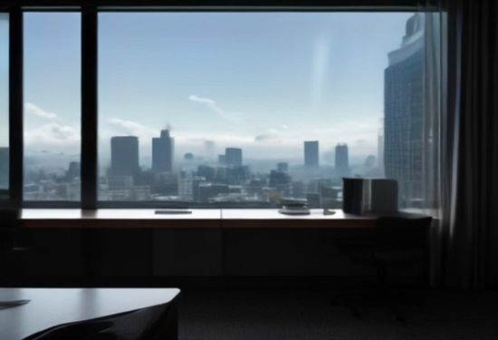A photorealistic wide shot of a modern, empty executive corner office with a view of a foggy San Francisco skyline, a sleek laptop and documents left on a desk, conveying a sense of recent departure and transition.