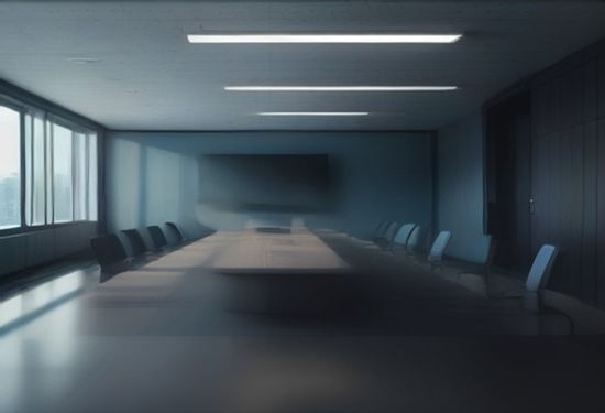 A photorealistic wide shot of a sleek modern corporate boardroom, glass walls, empty chairs around a polished dark wood table, subtle blue lighting, no people, no text