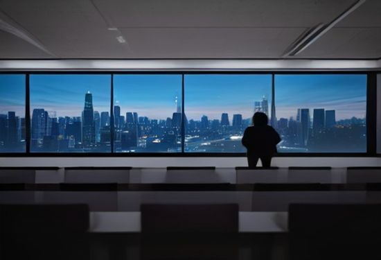 A professional photograph of a modern university lecture hall, students viewing a large screen displaying a split view of a city skyline and a glowing neural network, photorealistic, high resolution.
