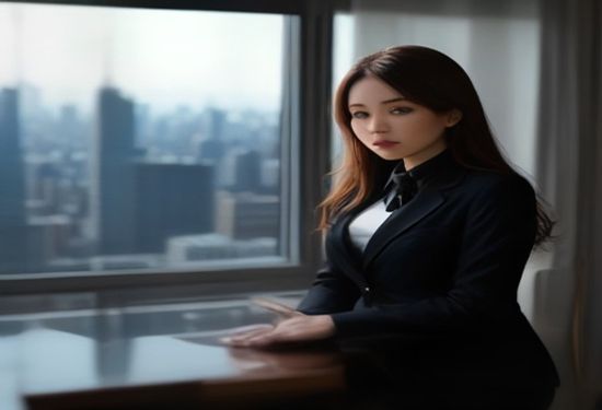A realistic corporate photo of a confident female executive in a glass office conference room, overlooking a modern city skyline, professional attire