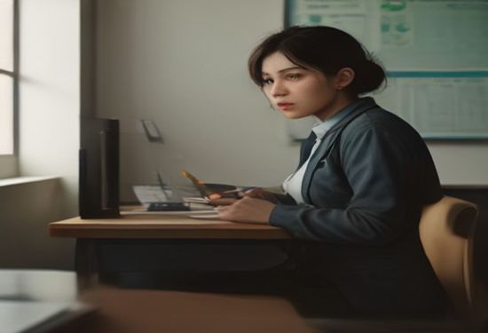 A realistic photo of a concerned parent speaking to a school principal at a desk, with a laptop showing a dashboard, in a bright modern classroom office, photorealistic style, no text
