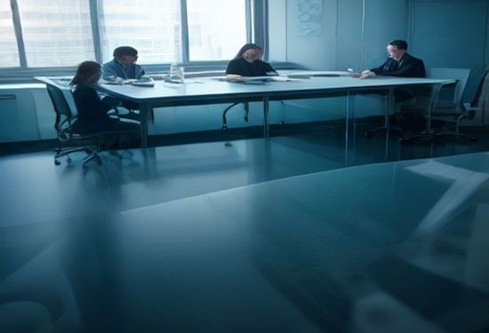 A realistic photo of a diverse group of policymakers and engineers discussing blueprints on a glass table in a modern government building