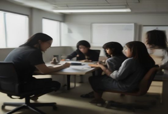 A realistic photo of a diverse group of young creators collaborating on content in a bright modern studio, using a laptop and smartphone, candid laughter, natural lighting