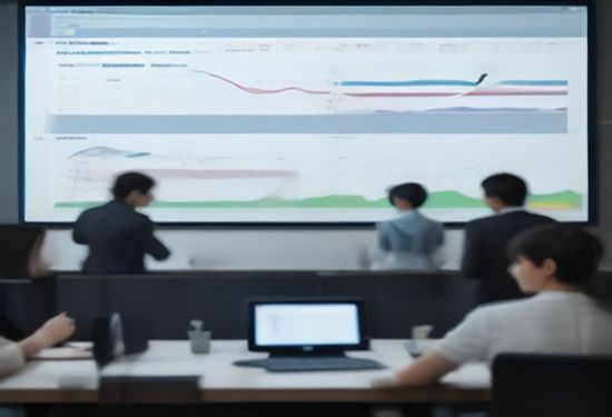 A realistic photo of a diverse team of professionals in a bright modern office, looking at a sleek digital dashboard displaying charts and efficiency graphs on a large screen