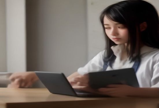 A realistic photo of a focused high school student using a laptop at a desk, with a parent casually observing a smartphone showing usage analytics in the background