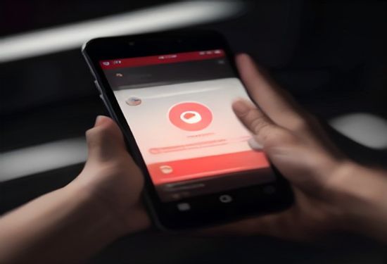 A realistic photo of a human hand holding a smartphone displaying a chat interface with a red warning icon, dark modern desk setting