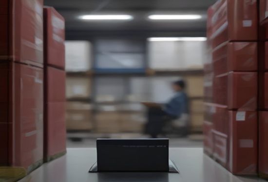 A realistic photo of a logistics manager using a tablet in a warehouse, with a digital dashboard showing automated freight tracking and shipment status charts.