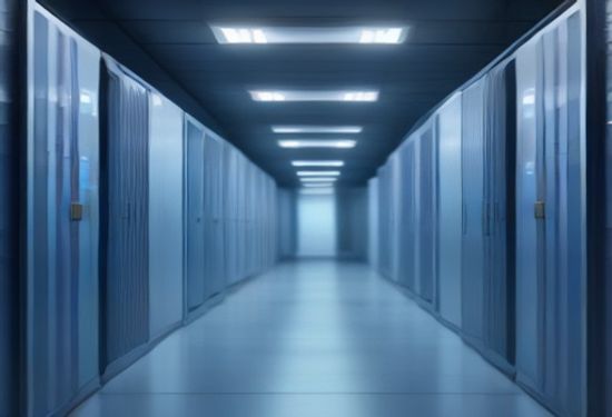 A realistic photo of a modern corporate data center with sleek server racks and subtle blue LED lighting, viewed from an aisle.
