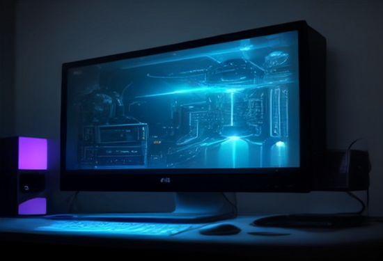 A realistic photo of a modern gaming PC tower with a transparent side panel, glowing RGB fans, and a sleek GPU, running complex data visualizations on a nearby monitor in a dimly lit tech workspace