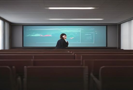 A realistic photo of a modern university lecture hall, students viewing a glowing AI data visualization on a large screen, photorealistic, no text