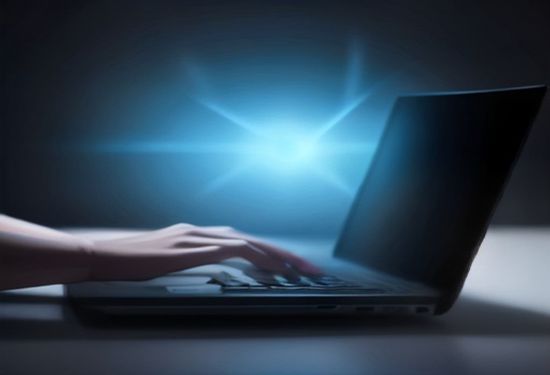 A realistic photo of a person typing on a laptop with a glowing digital eye icon on the screen, dark room, photorealistic, no text