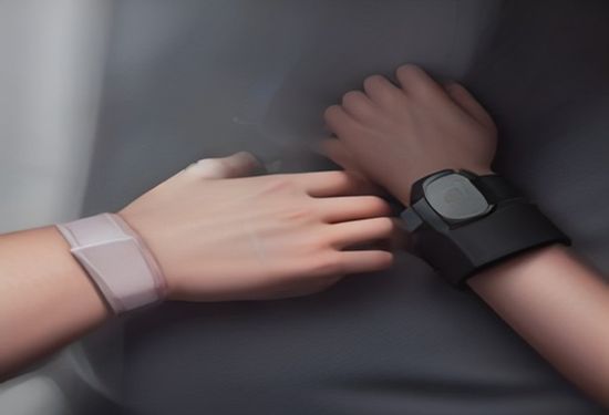 A realistic photo of a person wearing a modern smartwatch on their wrist in a bright room, with a subtle digital heart rate graph overlay on their forearm, photorealistic, no text