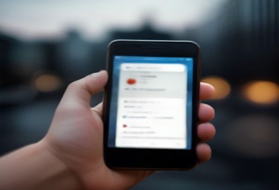 A realistic photo of a person's hands holding a smartphone showing a red 'AI flagged' alert icon on a social media feed, with a blurred city background, photo-realistic, no text