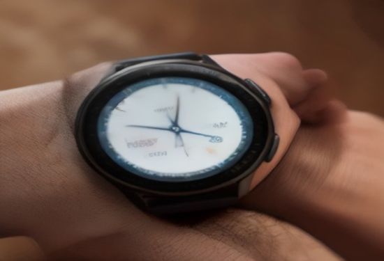 A realistic photo of a person's wrist wearing a modern Samsung Galaxy Watch displaying a detailed heart rhythm graph, with a softly blurred background of a healthy lifestyle scene, photorealistic style.