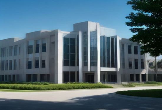 A realistic photo of a university campus's main administrative building, with a subtle digital overlay of data streams symbolizing AI monitoring, no text, photorealistic.