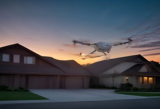 A realistic photo of an Amazon Prime Air drone flying over a suburban American neighborhood at sunset, with a suburban house and driveway visible below, clouds in the sky, photorealistic, no text or letters