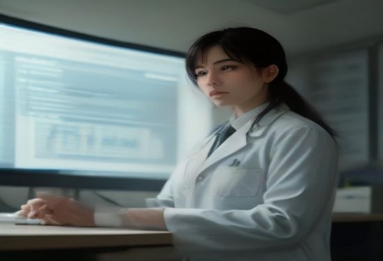 A realistic photograph of a focused doctor in a modern office, looking at a computer screen displaying complex mathematical equations, with a contemplative expression, natural lighting, detailed scenery