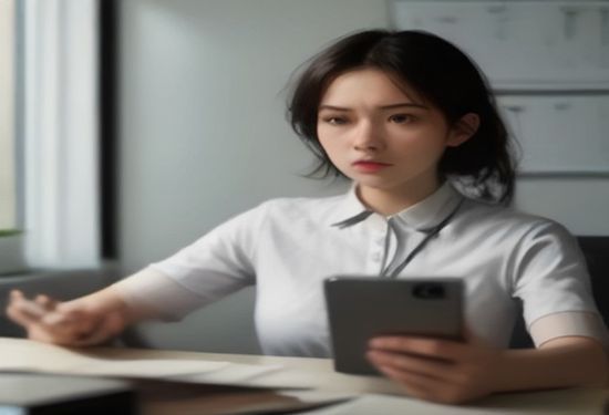A realistic photograph of a person holding a smartphone with a frustrated expression, looking at a cancelled subscription email on the screen, in a modern home office setting