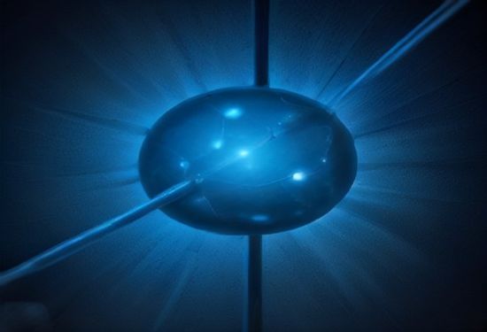 A realistic photorealistic macro photograph of a glowing, metallic-blue bacteriophage virus attaching to a rod-shaped E. coli bacterium on a dark, high-contrast microscopic surface