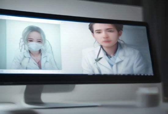 A realistic photorealistic photo of a doctor in a white coat talking to a computer screen showing a patient during a telemedicine video call, with medical charts visible, no text