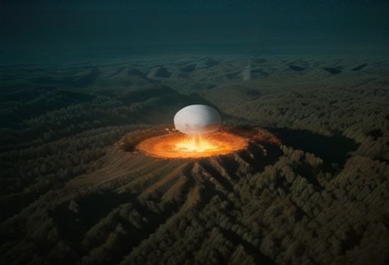 a realistic satellite orbiting earth capturing infrared heat signatures of a small fire in a forested area below, photorealistic view from space