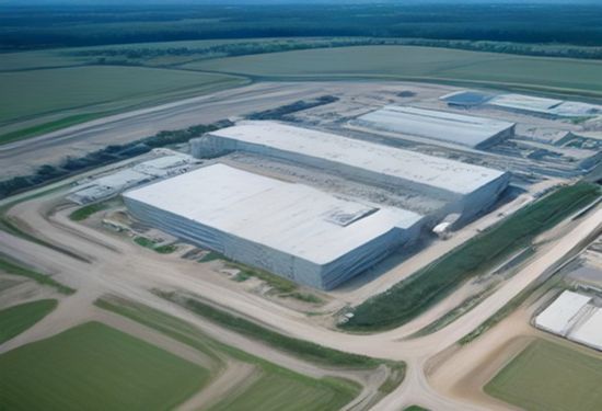 Aerial photograph of a large modern data center under construction in a green rural town in New Jersey, with utility trucks and cranes visible