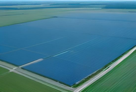 Aerial photograph of a massive solar panel farm with battery storage units, adjacent to a modern data center complex under a clear blue sky.