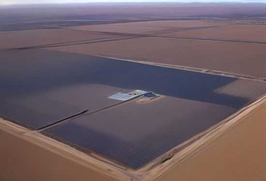 Aerial photograph of large data center campus with solar panels and wind turbines in desert landscape, clear sky, realistic lighting
