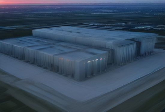 Aerial photorealistic view of a massive modern data center campus at dusk, with cooling towers and solar panels, no text overlay.
