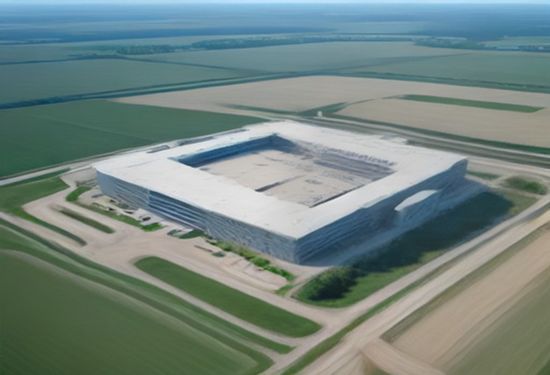 Aerial photorealistic view of a massive modern data center campus under construction in a rural Ohio field with large power lines