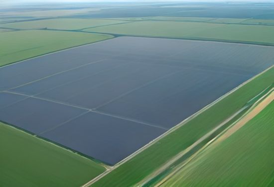 Aerial photorealistic view of a solar panel farm integrated with data network lines, clean energy infrastructure, bright daylight, no text