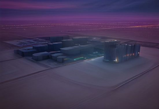 Aerial photorealistic view of massive modern data center campus at dusk with multiple buildings, cooling towers, and high-voltage power lines, surrounded by desert landscape