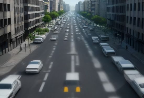 Aerial view of a modern European city street with a fleet of white autonomous electric SUVs driving in formation, clear daylight, photorealistic urban environment