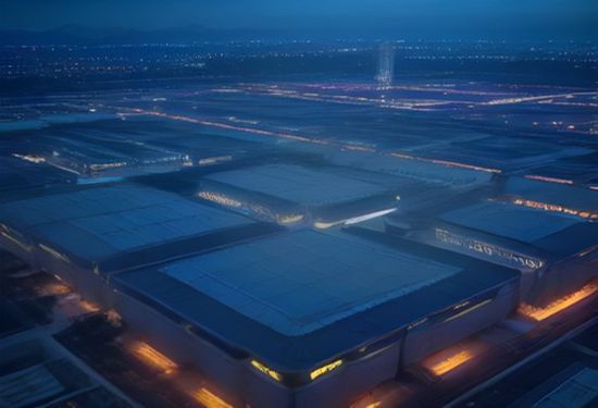 Aerial view of futuristic semiconductor fabrication plants in South Korea at dusk, cleanrooms glowing with blue light, surrounded by industrial infrastructure and power lines