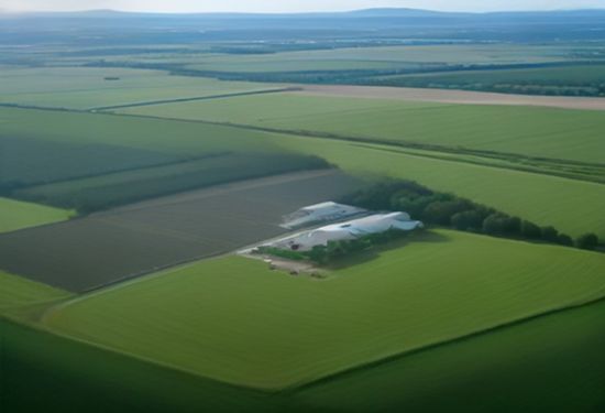 Aerial view of modern data centre campus surrounded by rural Pennsylvania farmland, with solar panels and power lines visible, golden hour lighting, realistic photography
