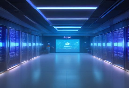 Alibaba corporate campus with futuristic AI server racks and holographic Qwen logo visualization