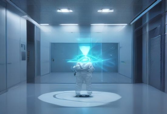 An engineer in a cleanroom examining a holographic turbine blade simulation while signing a physical document, industrial lab background, photorealistic