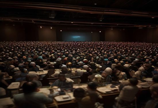 Cinematic photo of a large tabletop war game convention hall, crowded with hobbyists viewing miniature displays and tournament tables, dramatic lighting, realistic detail