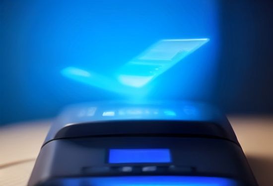 Close-up of a sleek, modern payment terminal processing a transaction while a glowing blue neural network hologram hovers above it