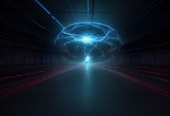Detailed photorealistic image of a glowing, abstract neural network sphere with lightning-fast energy pulses, sleek modern server room background, cinematic lighting