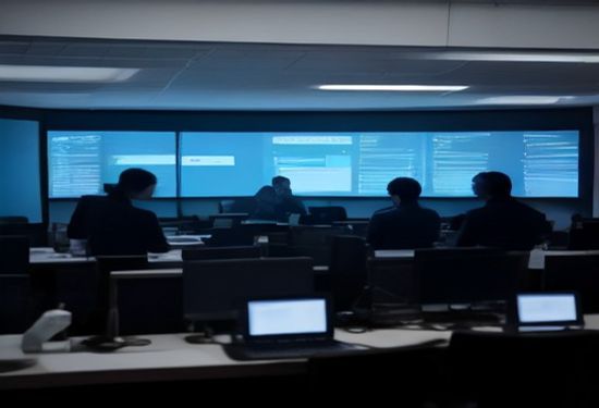 Government officials reviewing a futuristic dashboard displaying automated decision trees and human oversight checkpoints in a modern federal operations center