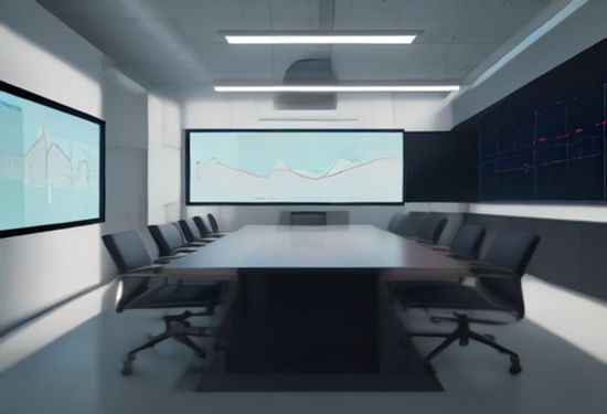 Modern corporate boardroom with an empty executive chair in front of a large digital screen displaying a rising revenue graph and a shadowy exit door