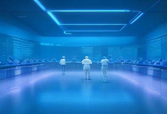 Modern pharmaceutical research laboratory featuring a large, high-resolution digital screen displaying 3D protein structures and molecular models, surrounded by scientists in white coats analyzing data, with glowing blue holographic interfaces in a clean, bright facility.