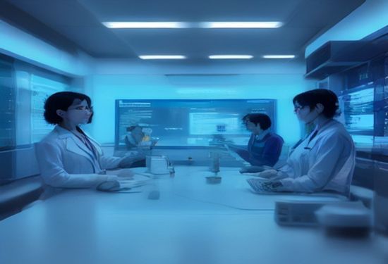 pharmaceutical scientists working with advanced computer systems in a modern, bright laboratory analyzing holographic molecular structures