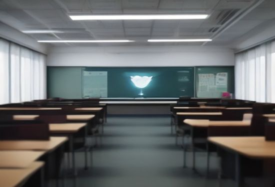 photo of a diverse classroom where students use laptops with a glowing AI assistant interface on the screens, teacher guiding them, bright modern room