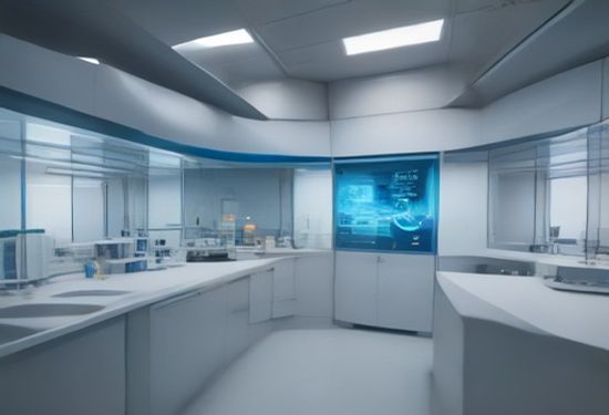 Photo of a modern pharmaceutical laboratory with robotic arms handling sample plates, advanced computer screens showing molecular structures in background